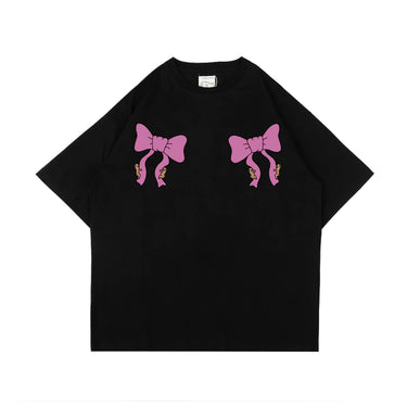 PEANUT STAIN - Coquette Ribbon Black Oversized Tshirt